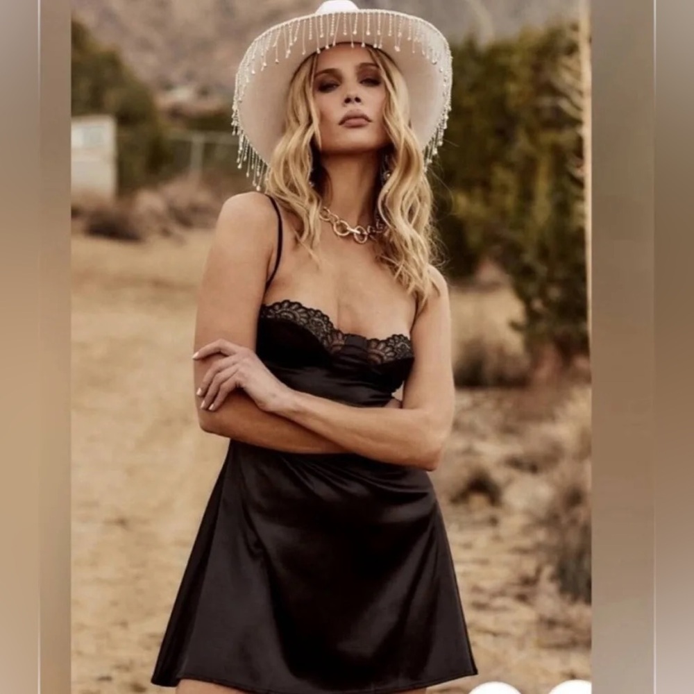 12th Tribe Black Satin Chemise with Lace Detail